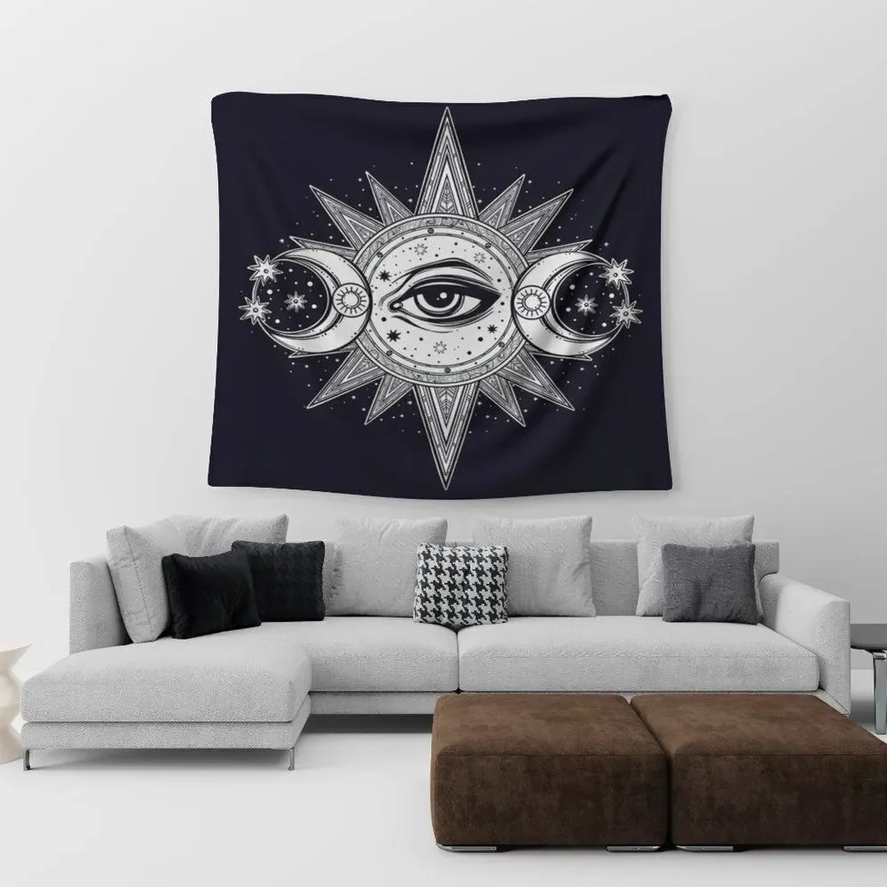 Black White Celestial All Seeing Eye Sun and Moons Wall Tapestry NEW